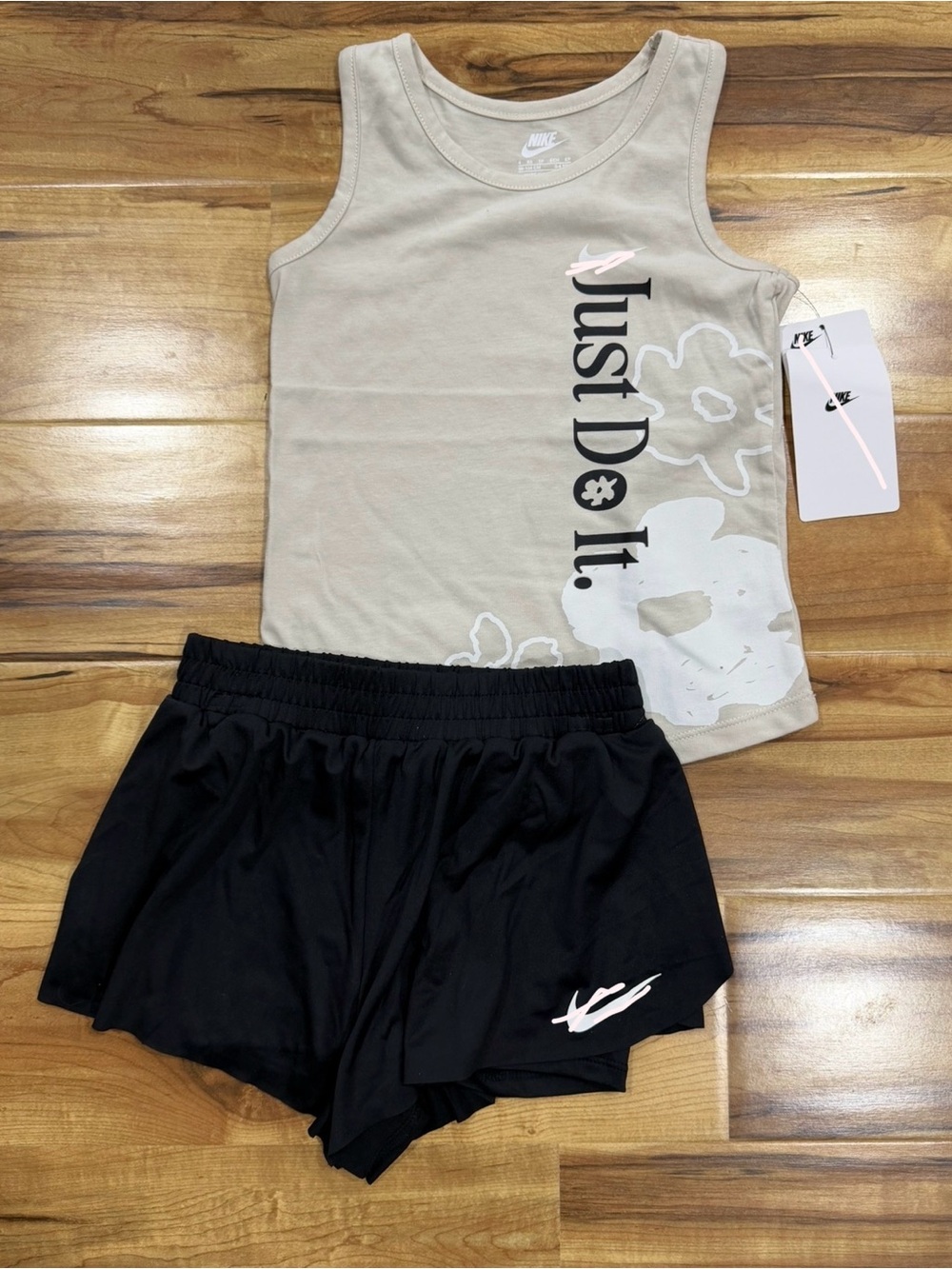 Nike Girls' Beige Tank with Black Shorts Set, New
